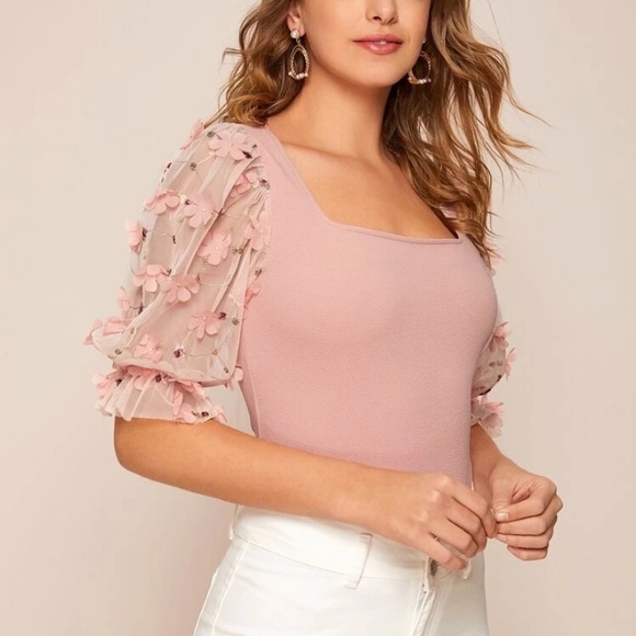 NWOT SHEIN Size M Square Neck Tulle Puff Sleeve Blouse Pink 3D Floral appliqués - Picture 11 of 11